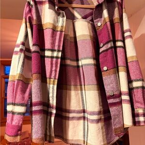 Zenana Pink Plaid Buttondown Shacket Shirt—Medium